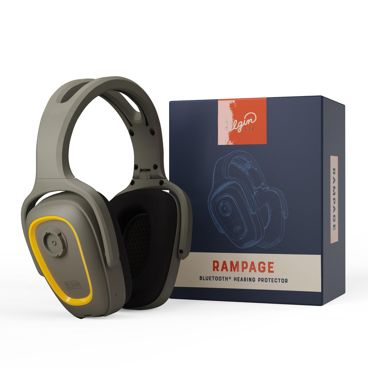 Elgin Rampage front view headphones with rugged frame for on-site use.