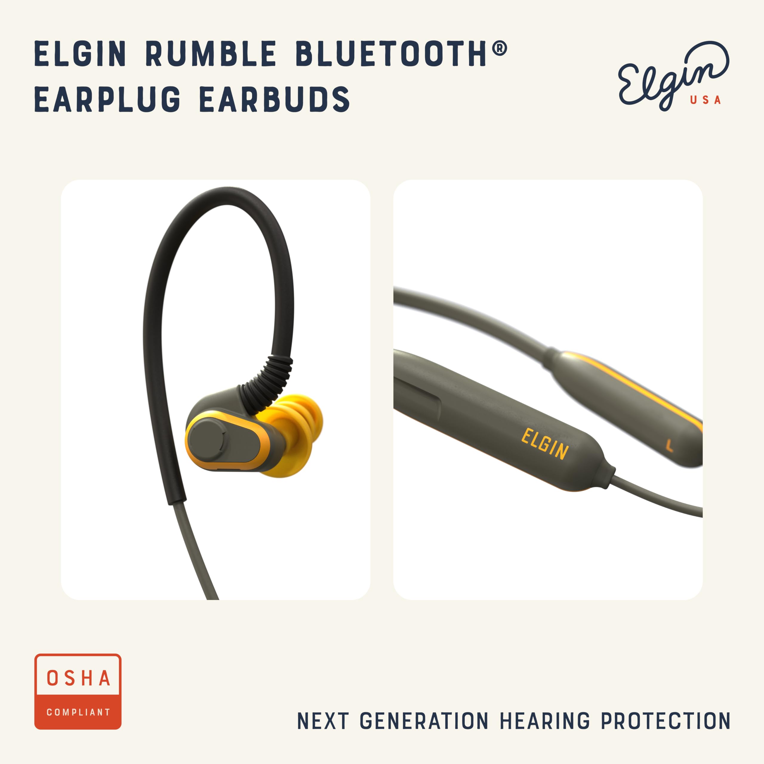 Elgin Rumble Earbuds battery life graphic highlighting 20 hours of playback.