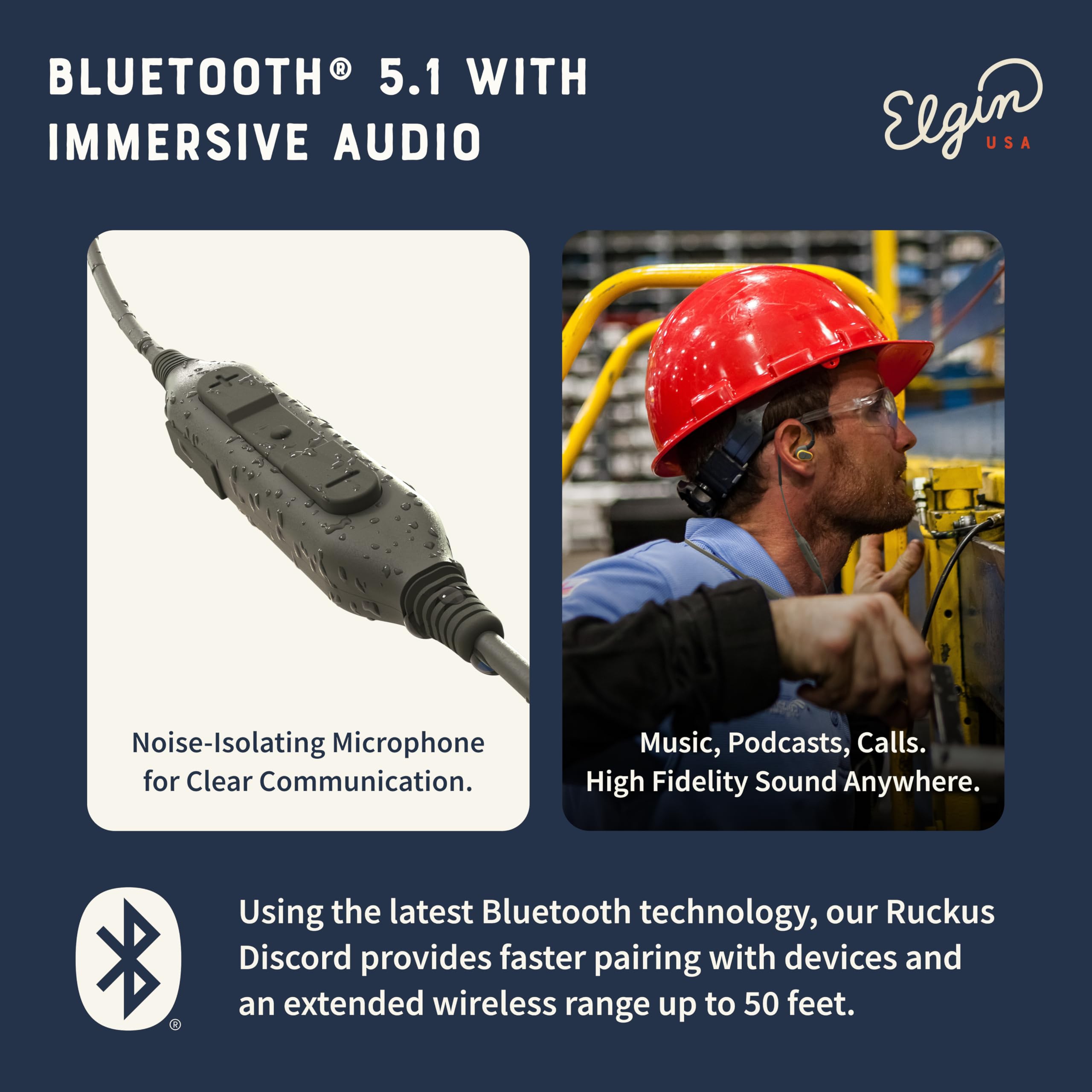 Elgin Rumble noise-cancelling mic for clear calls in noisy sites.