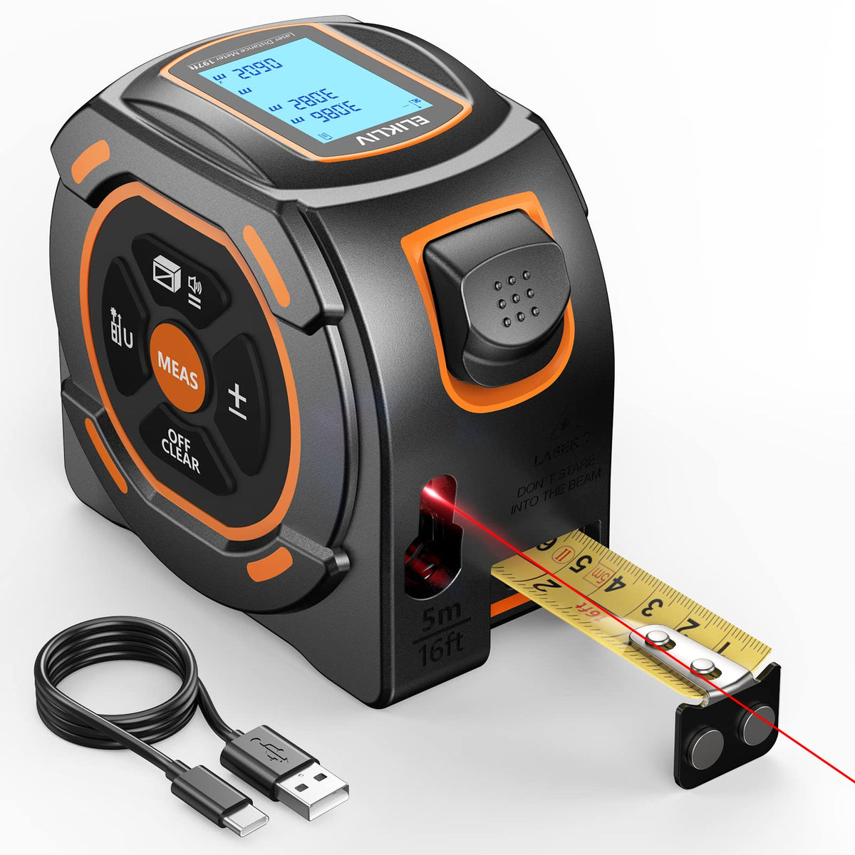 Elikliv laser tape measure front view with long-range laser for quick room measurements.