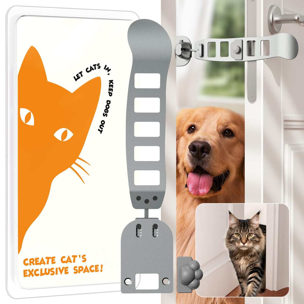 Elilier metal cat door latch folded for easy storage and quick setup.