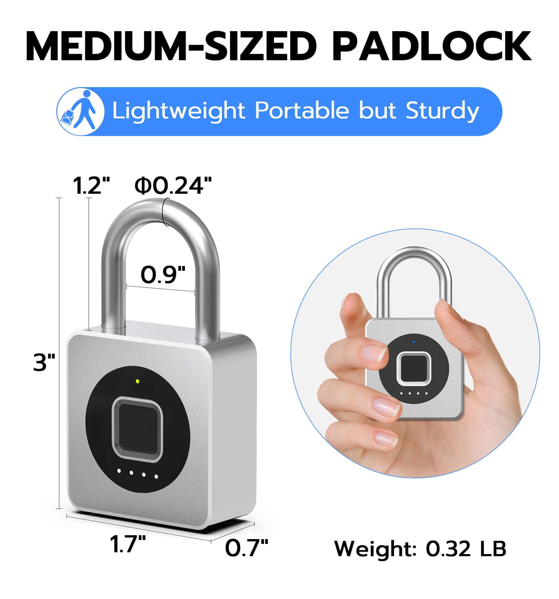 eLinkSmart silver-finish biometric padlock installed on a gate for security.