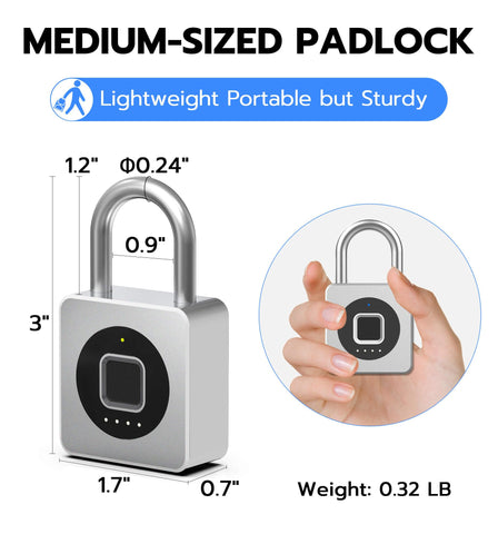 eLinkSmart silver-finish biometric padlock installed on a gate for security.