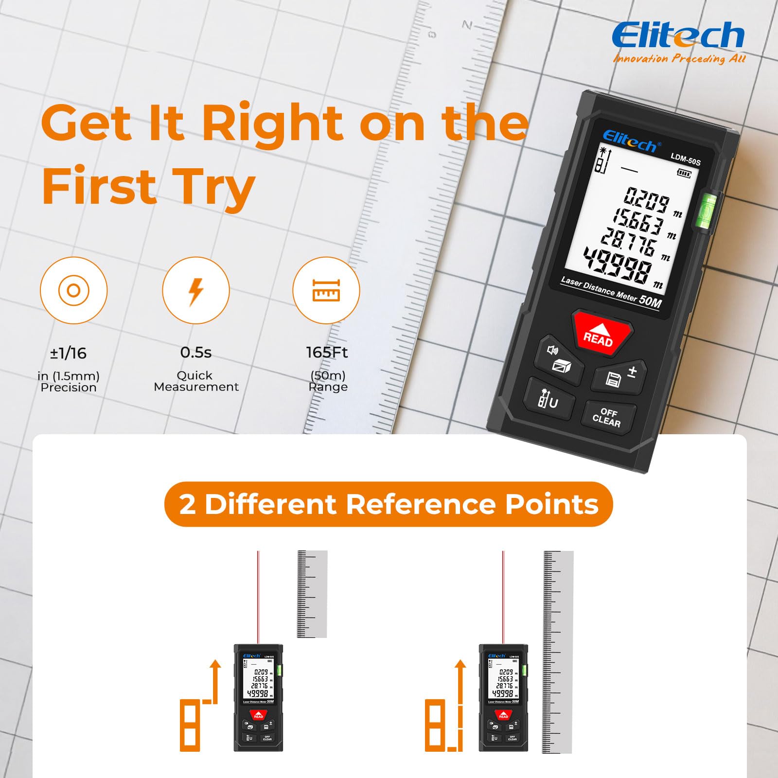 Elitech Laser Measure backlit display readable in dim spaces.