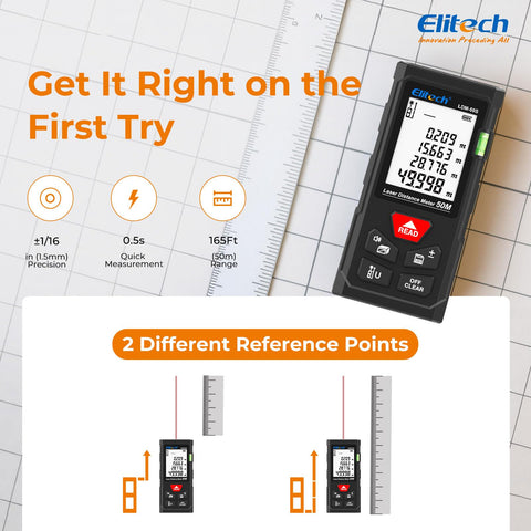 Elitech Laser Measure backlit display readable in dim spaces.