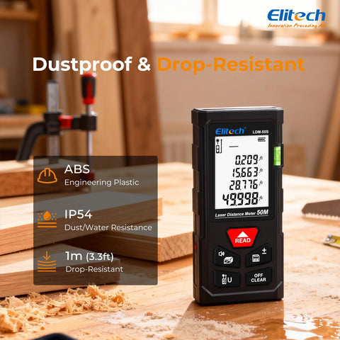 Elitech Laser Measure kit includes batteries and hand strap.