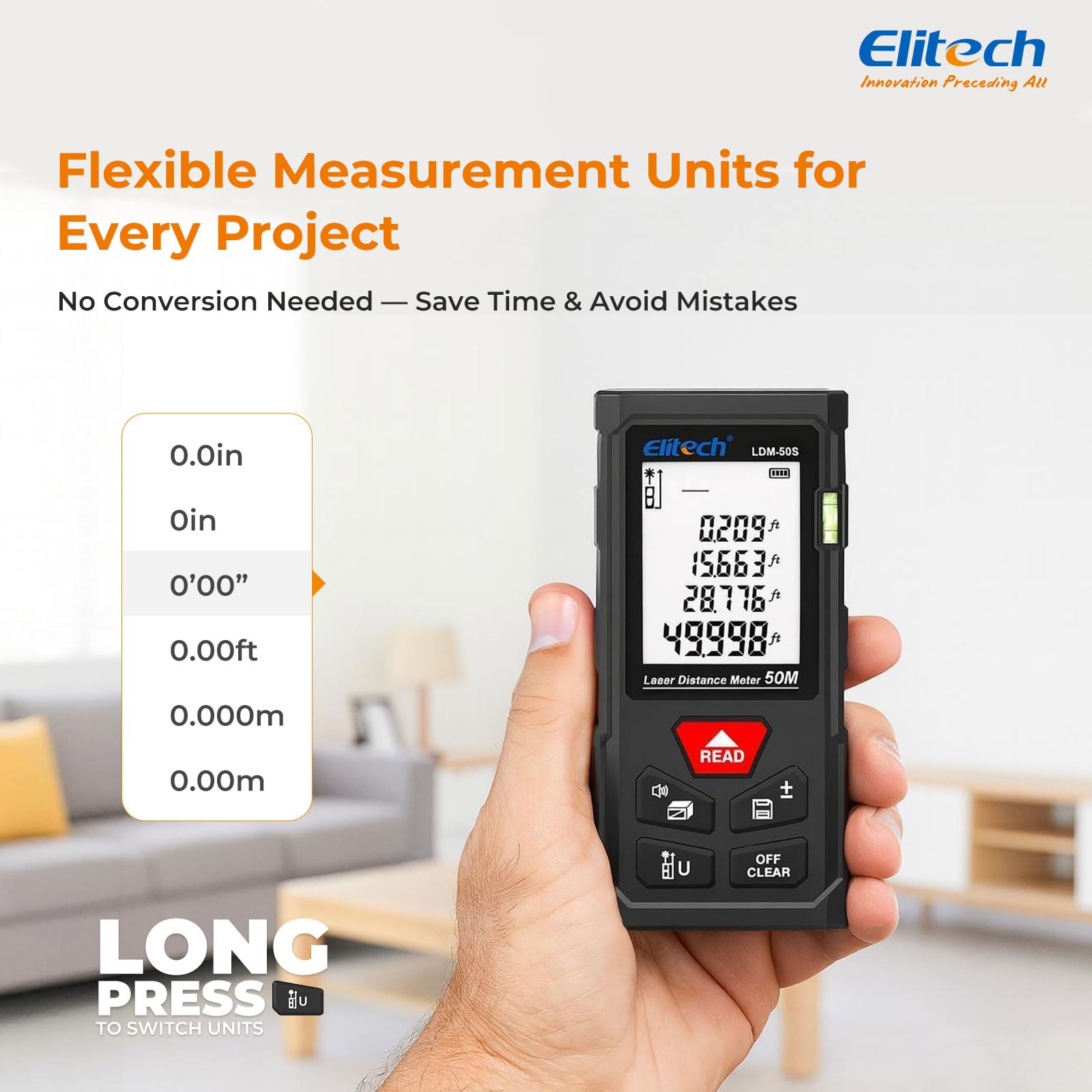 Elitech Laser Measure one-button operation simplifies use.