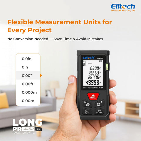 Elitech Laser Measure one-button operation simplifies use.
