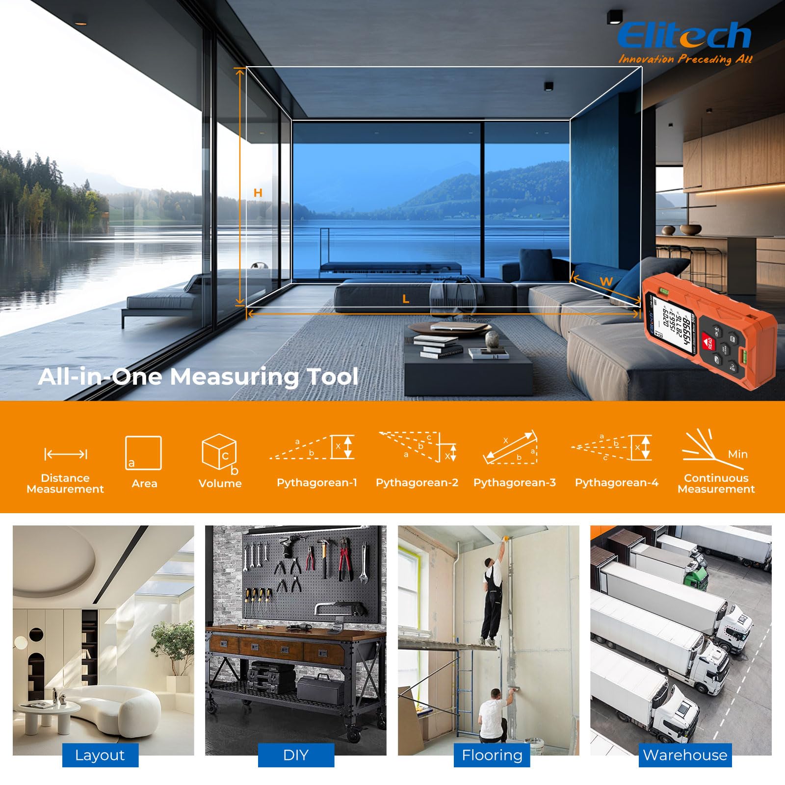 Elitech laser measure tool dual bubble levels ensure precise alignment