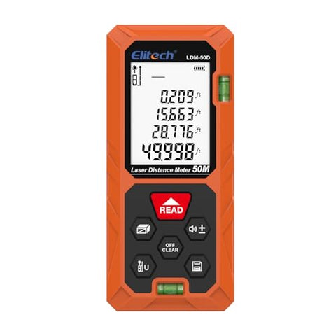 Elitech laser measure tool with front and back reference points for flexible measuring