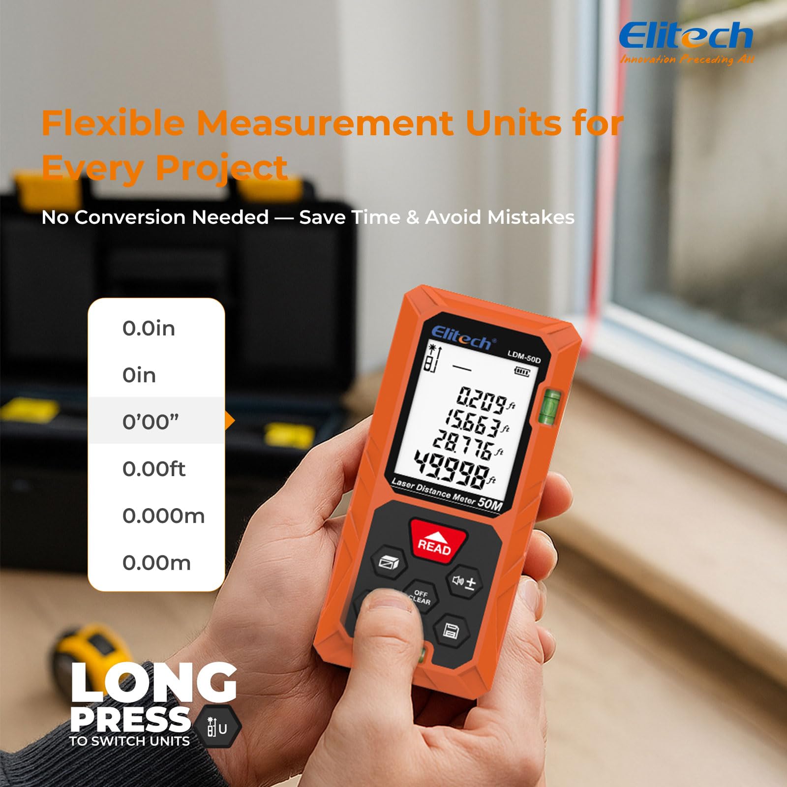 Elitech laser measure tool memory stores up to 99 measurements