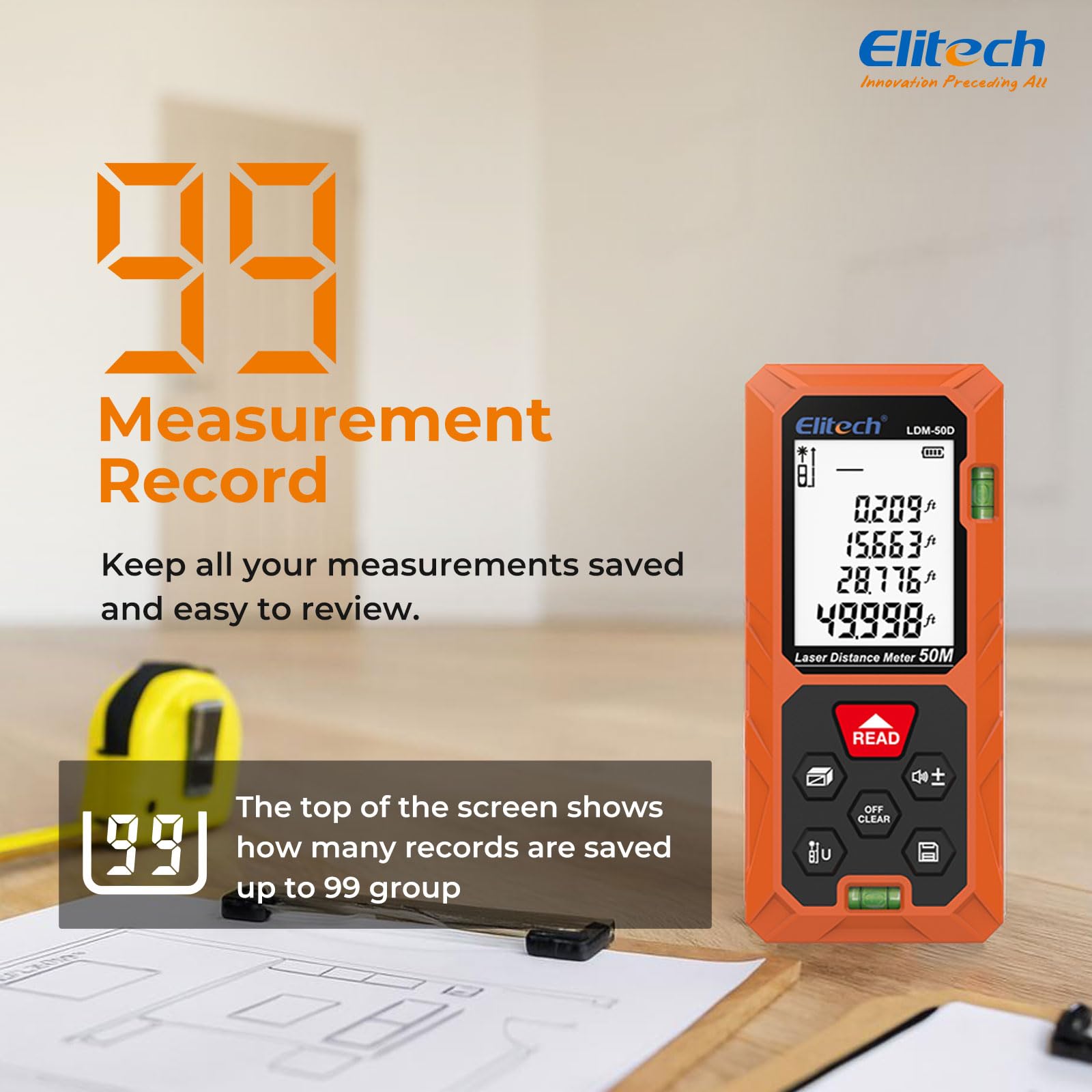 Elitech laser measure tool unit switching between meters, feet, and inches