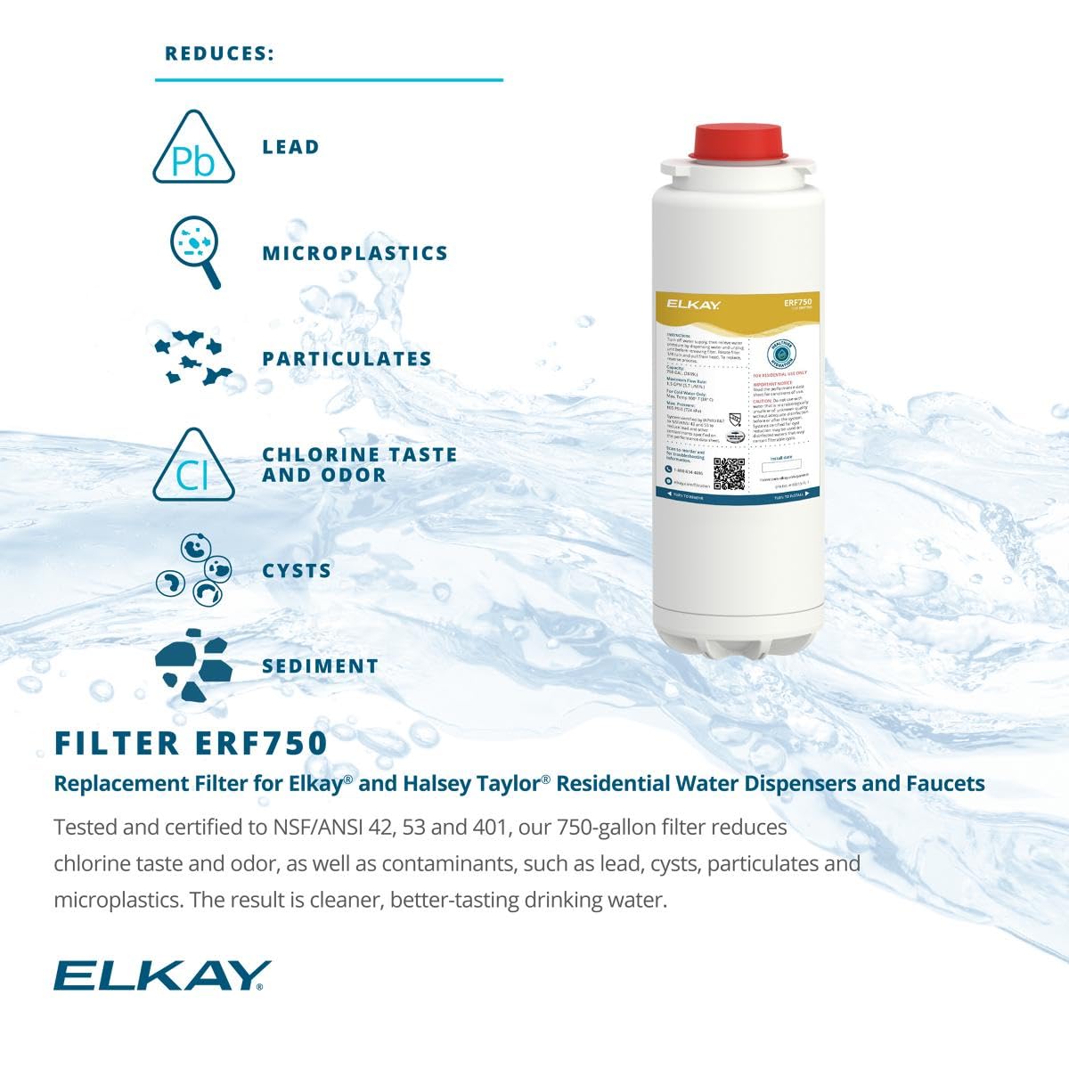 Elkay ERF750 reduces odors and chlorine taste for cleaner water.