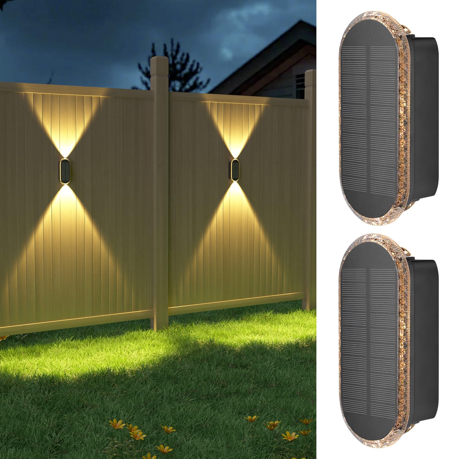 Ellasay fence lights solar powered with up-down beams brighten walls and paths