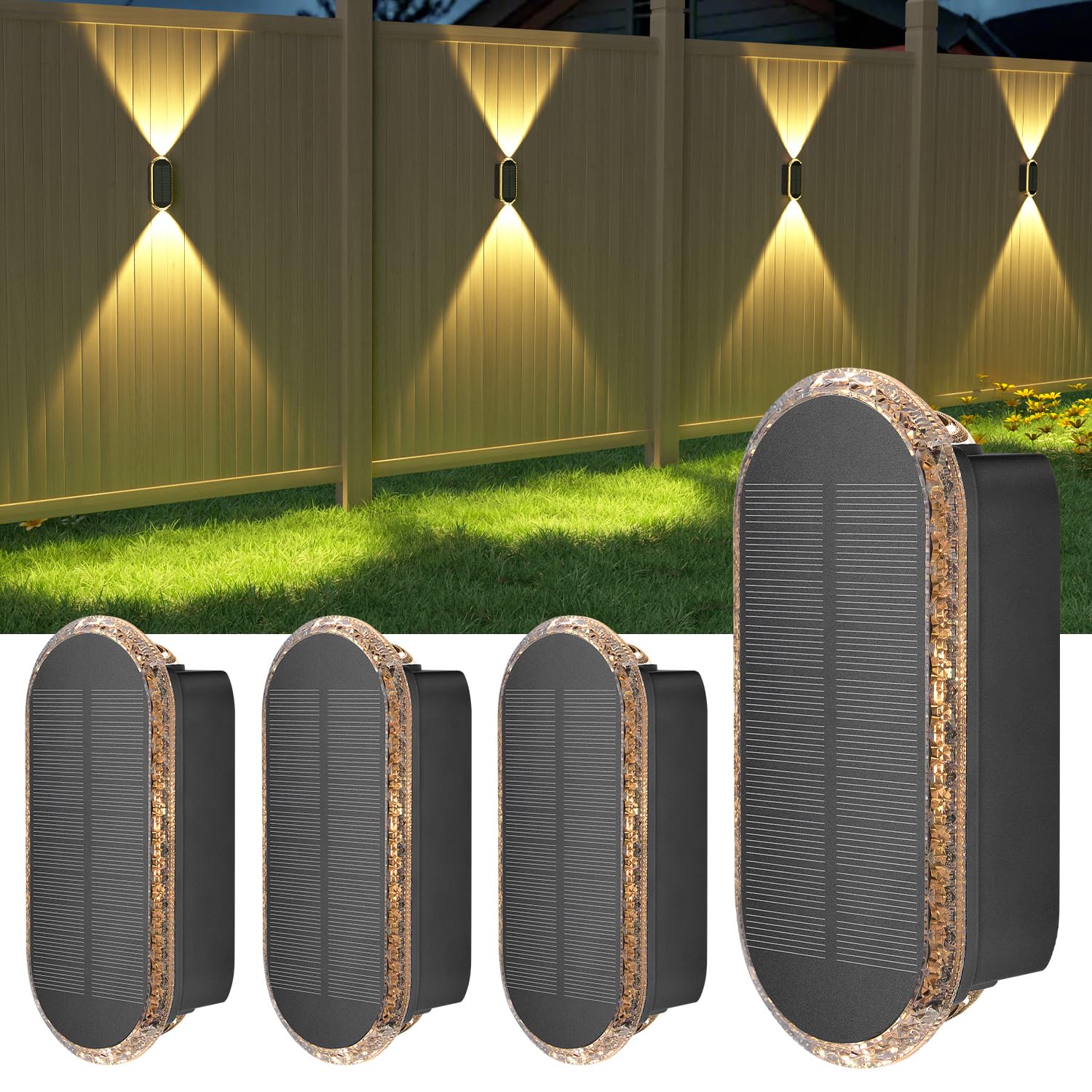 Ellasay fence lights with up-down beams brighten eaves and paths at night for safety.