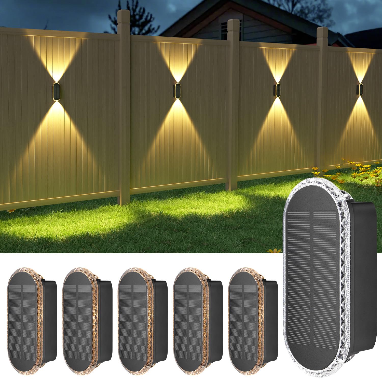 Ellasay Solar Fence Lights show up-down beams to brighten eaves and paths.