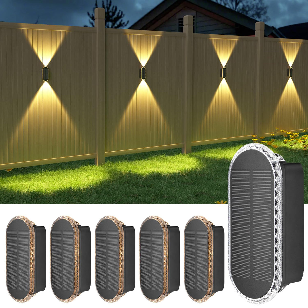 Ellasay Solar Fence Lights show up-down beams to brighten eaves and paths.