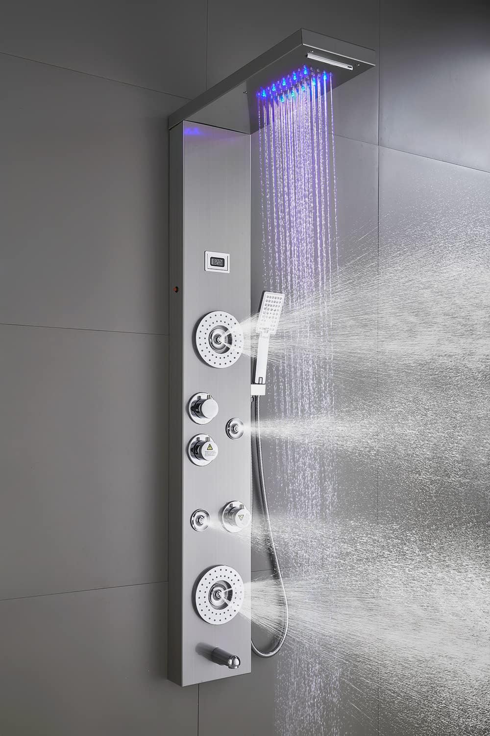 ELLO&ALLO LED rainfall head detail showing soft, wide water curtain.