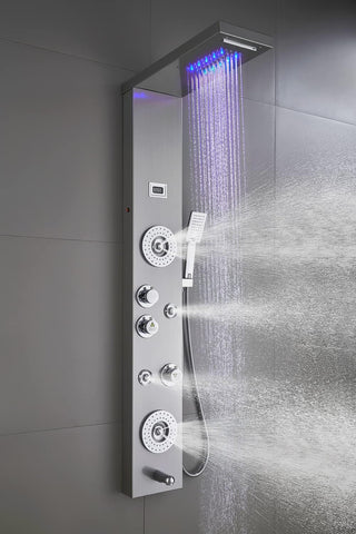 ELLO&ALLO LED rainfall head detail showing soft, wide water curtain.
