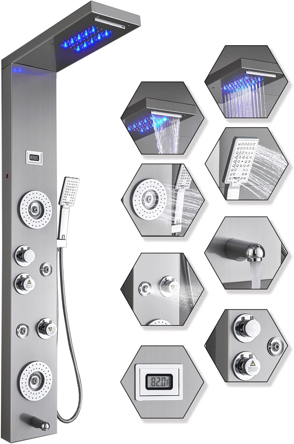 ELLO&ALLO shower panel tower brushed nickel front view highlighting durable finish.