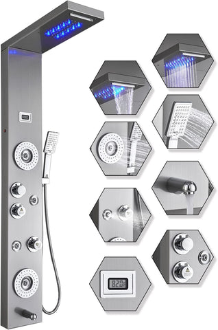 ELLO&ALLO shower panel tower brushed nickel front view highlighting durable finish.