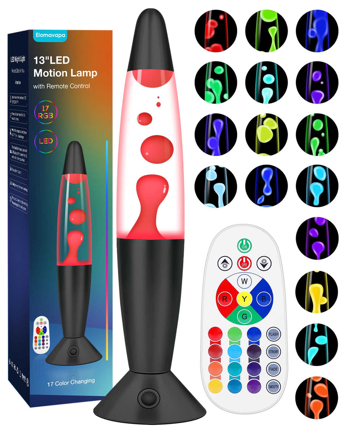 Elomavapa black liquid motion lamp with remote controls color changes for mood lighting.