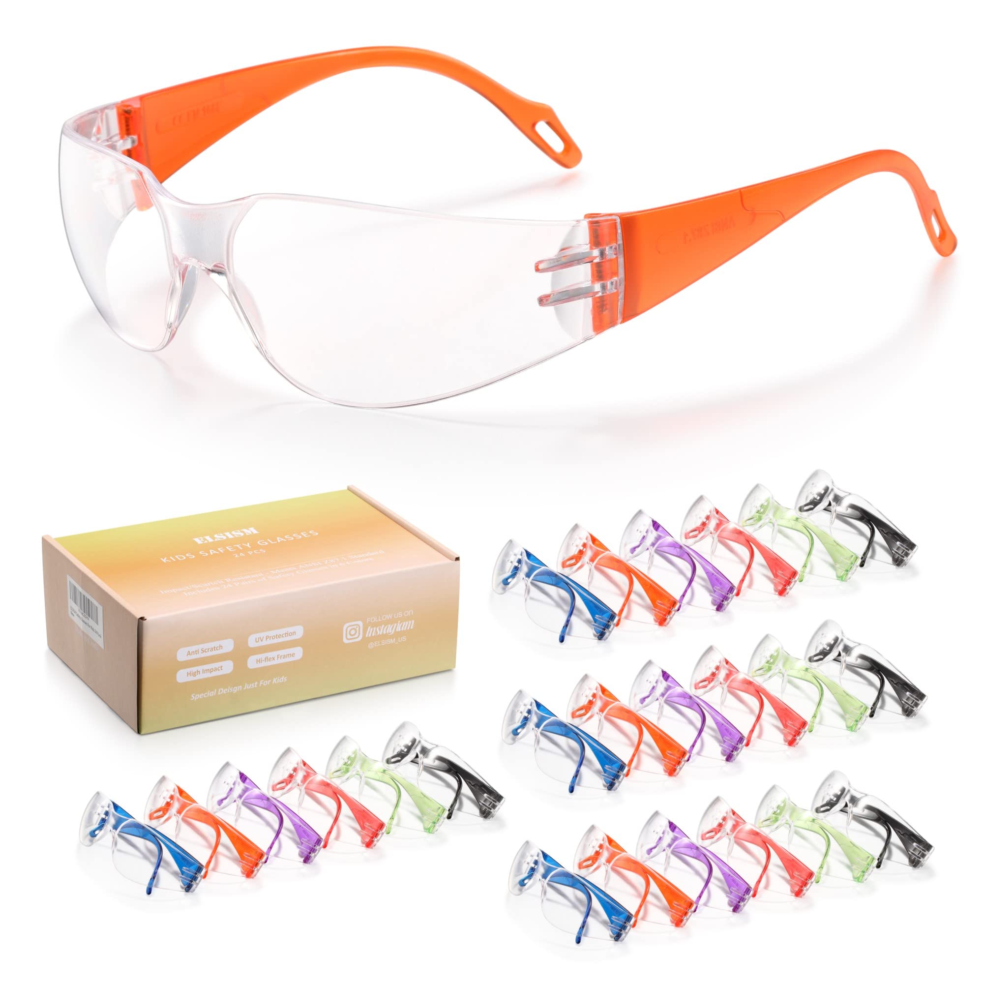 ELSISM kids safety glasses in six colors offer a secure, comfortable fit for active play.