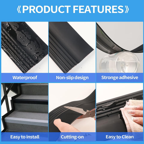 Textured anti-slip strip on stair surface enhances safety.