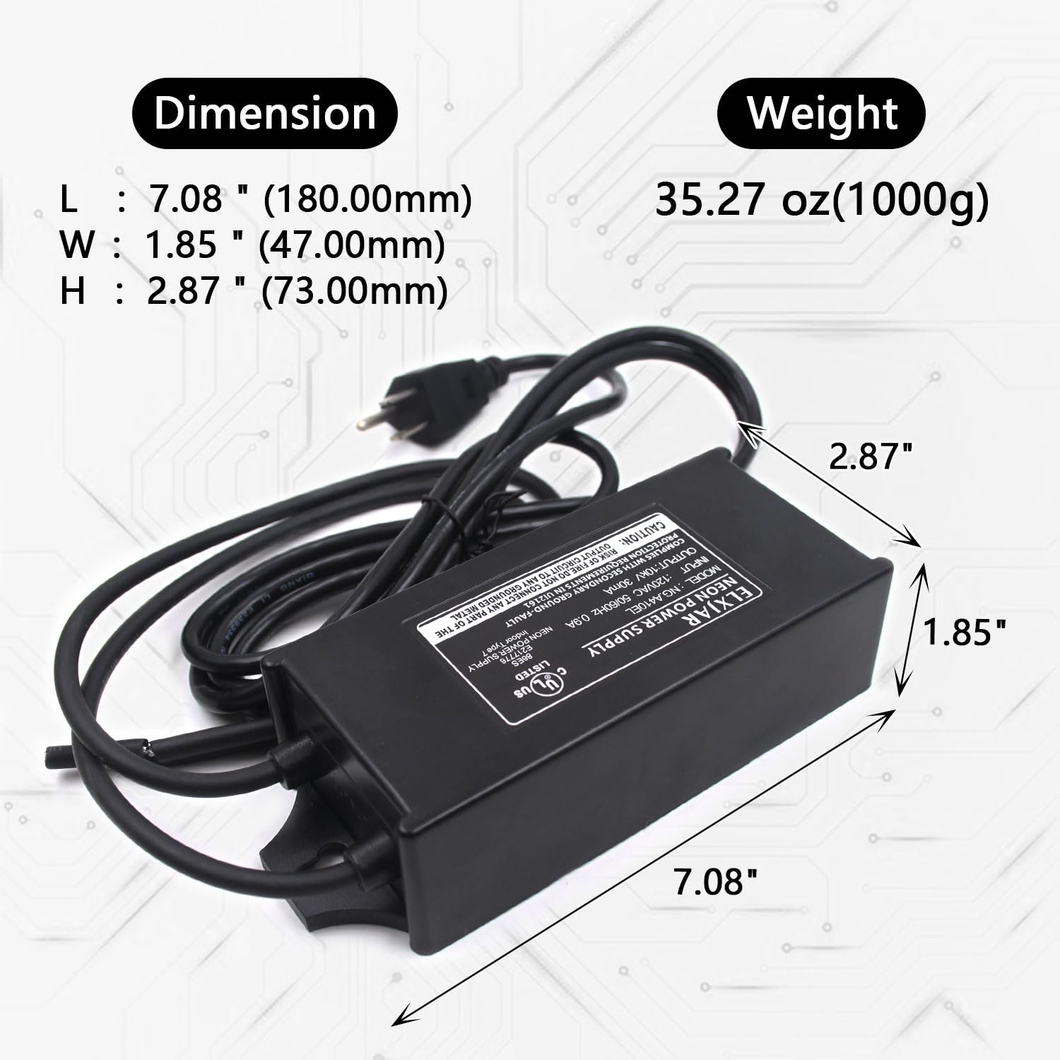 elxjar 10kV neon transformer label closeup showing voltage and protections