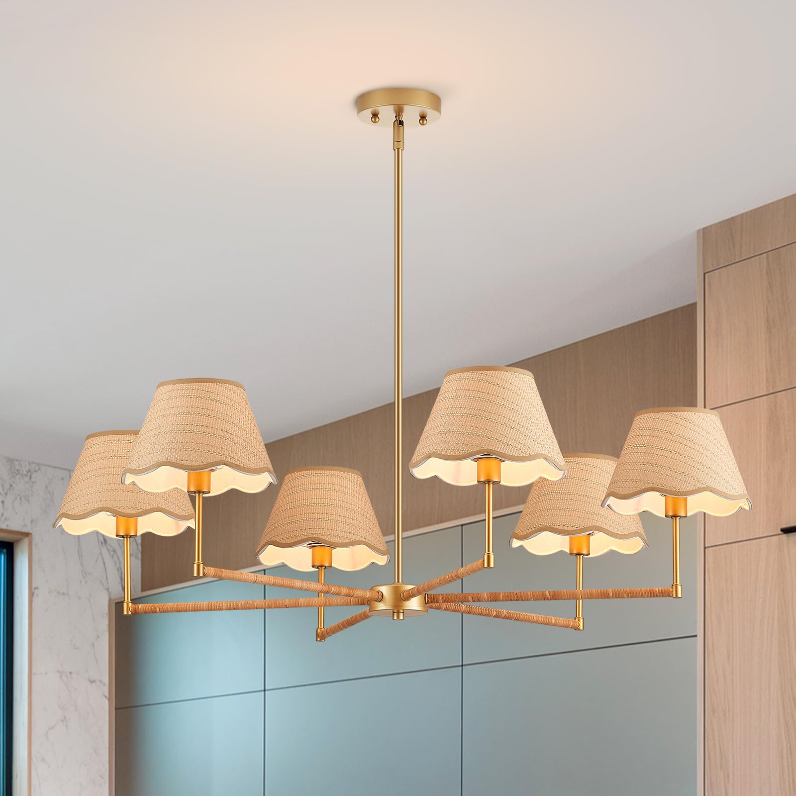 ELYCCUPA boho rattan chandelier with mushroom shades adds cozy ambiance to living spaces.