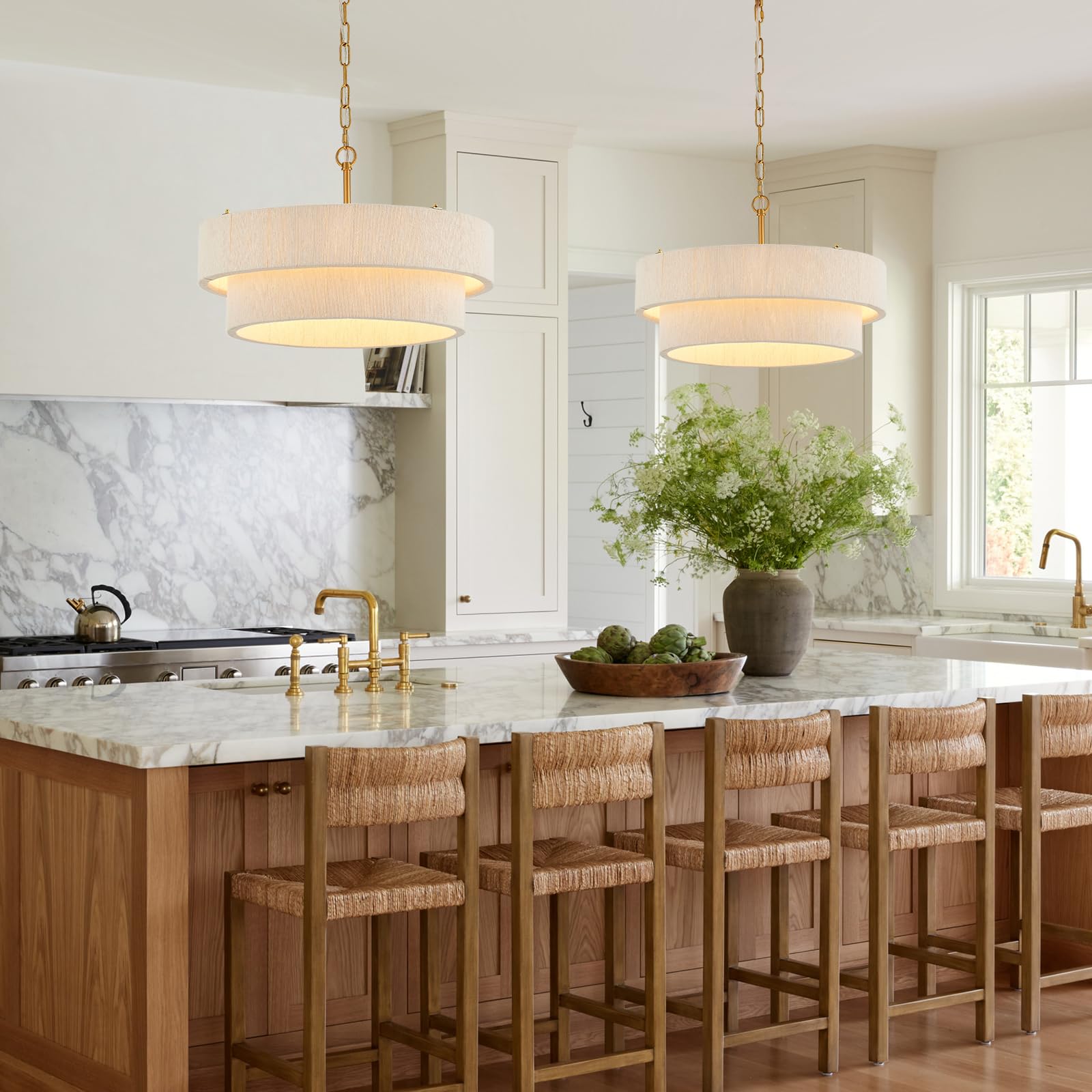 ELYCCUPA chandelier over kitchen island adds elegance with a two-layer design.