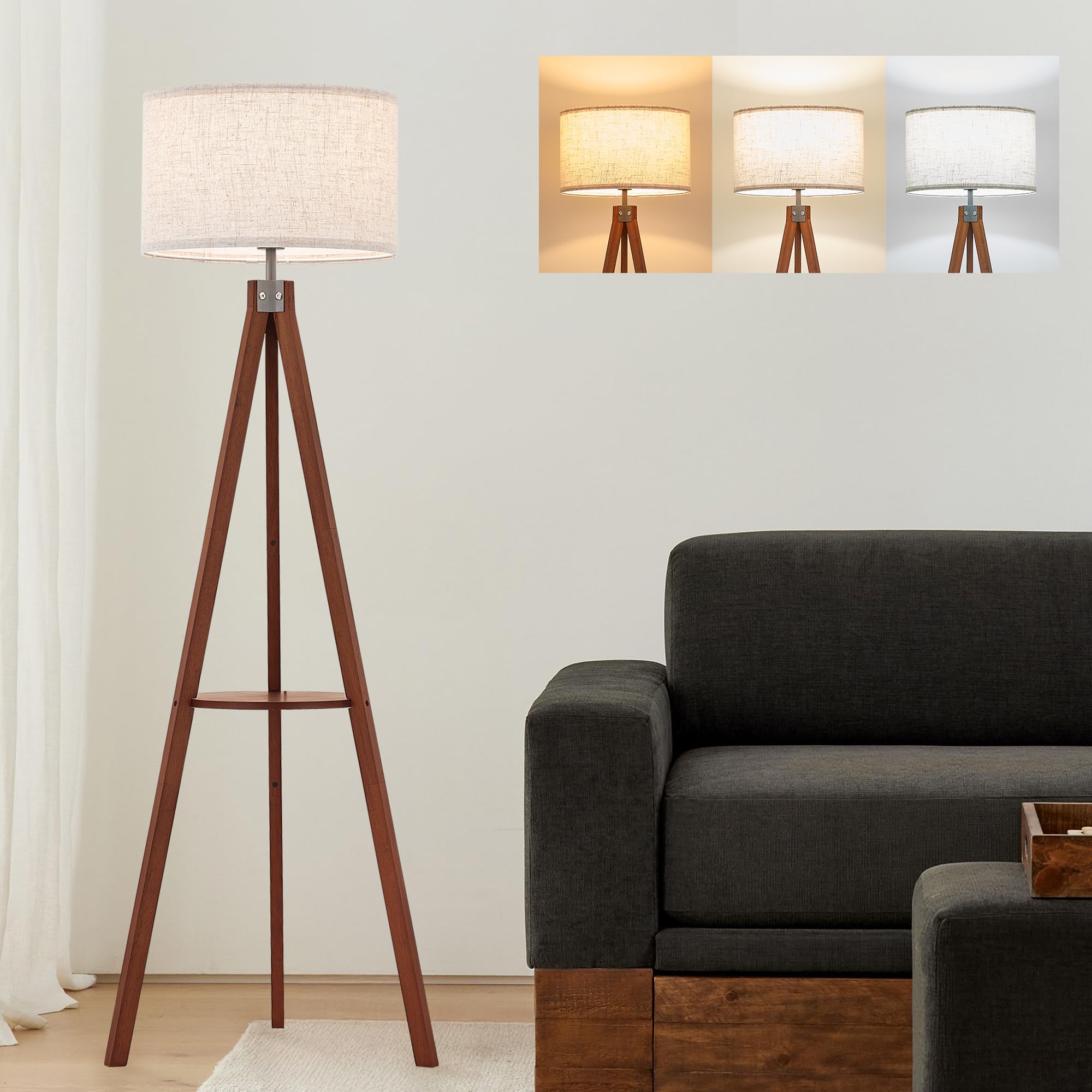 ELYONA lamp placed in living room creates inviting ambient lighting.
