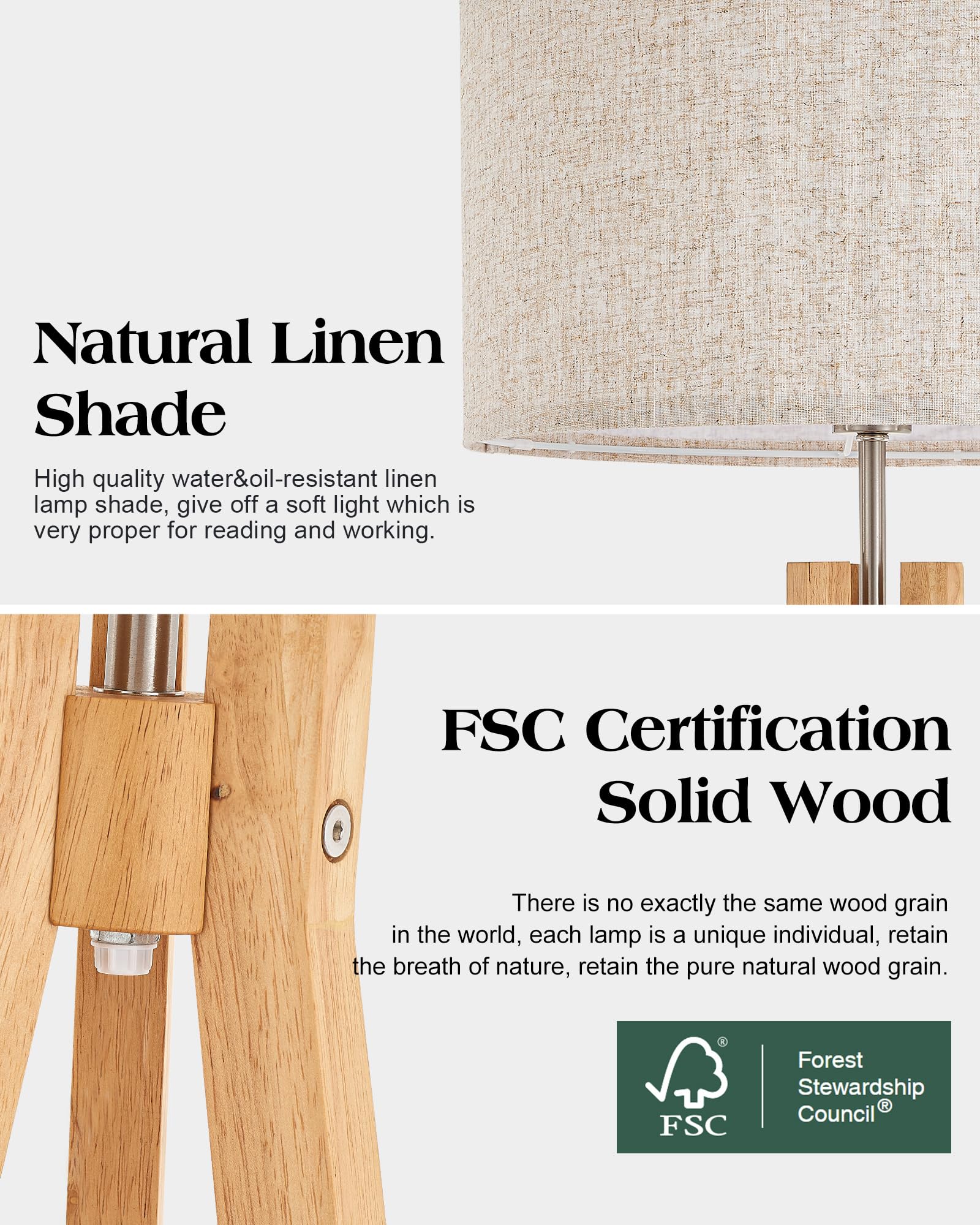 ELYONA Nordic Wood Tripod Floor Lamp closeup wood grain reveals natural texture and craft.