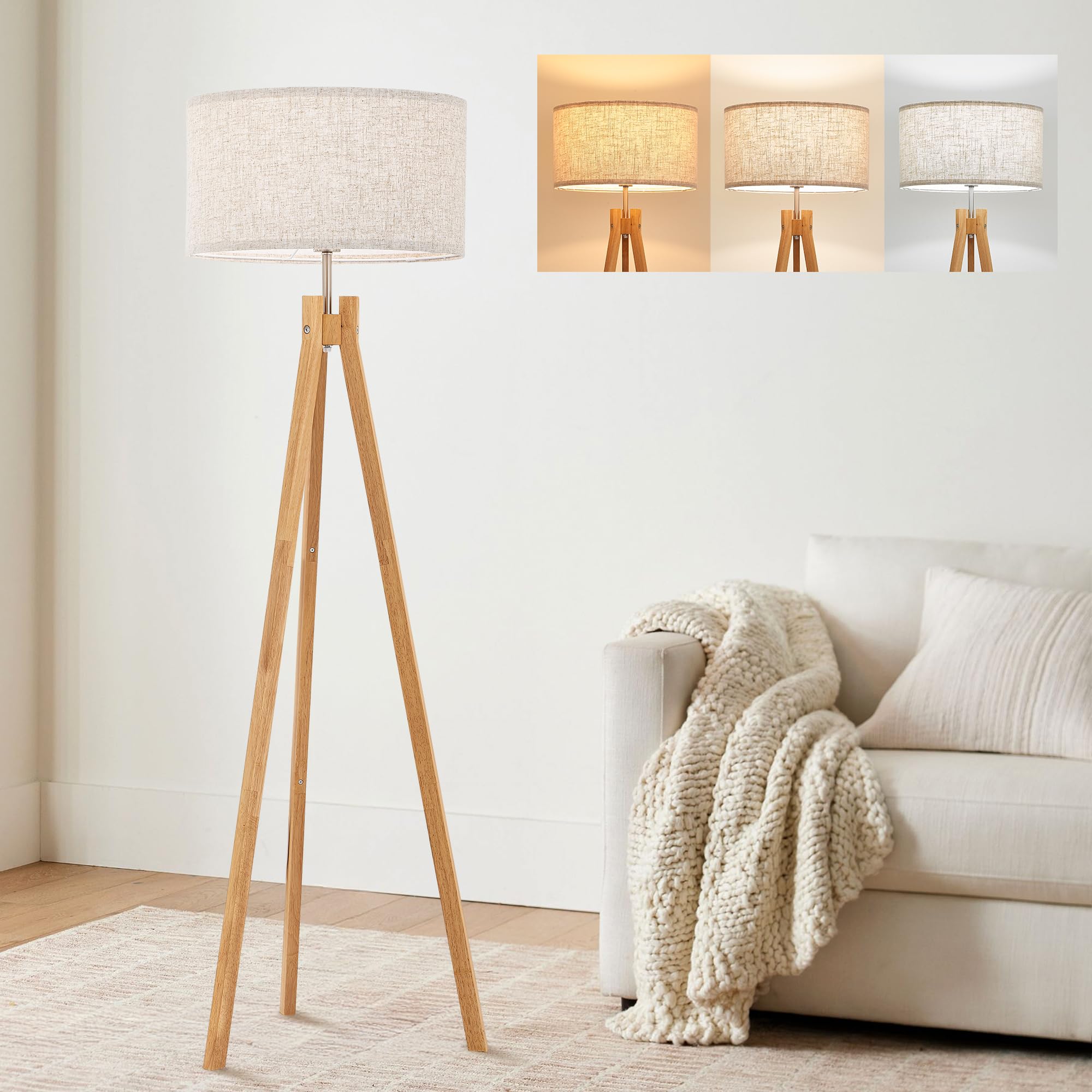 ELYONA Nordic Wood Tripod Floor Lamp foot switch makes turning on effortless.