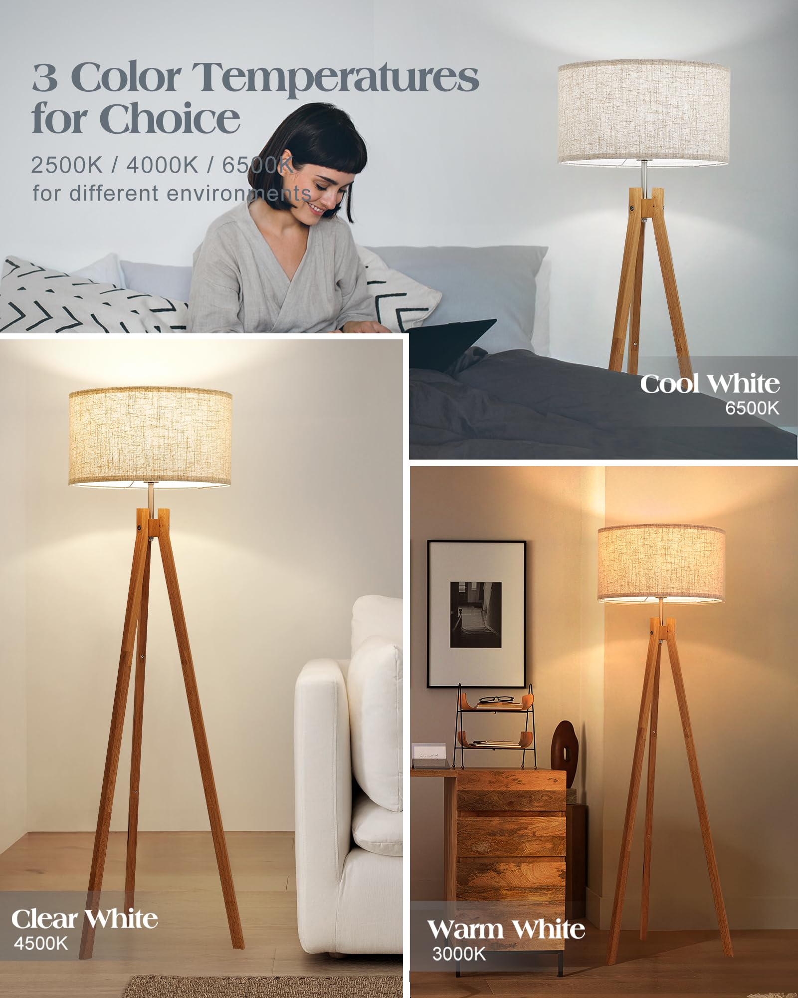ELYONA Nordic Wood Tripod Floor Lamp legs showcase natural wood grain and rustic charm.