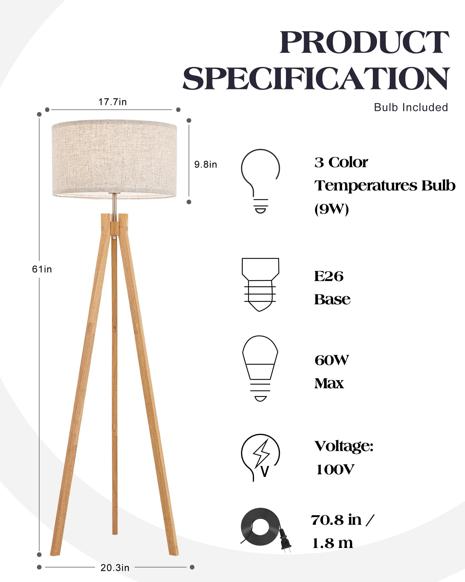 ELYONA Nordic Wood Tripod Floor Lamp lit at 3000K creates a soft reading glow.