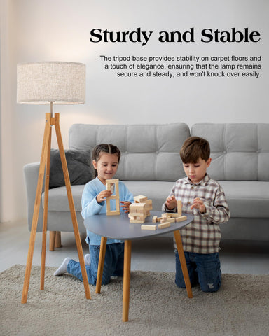ELYONA Nordic Wood Tripod Floor Lamp lit at 6000K delivers bright task light for study.