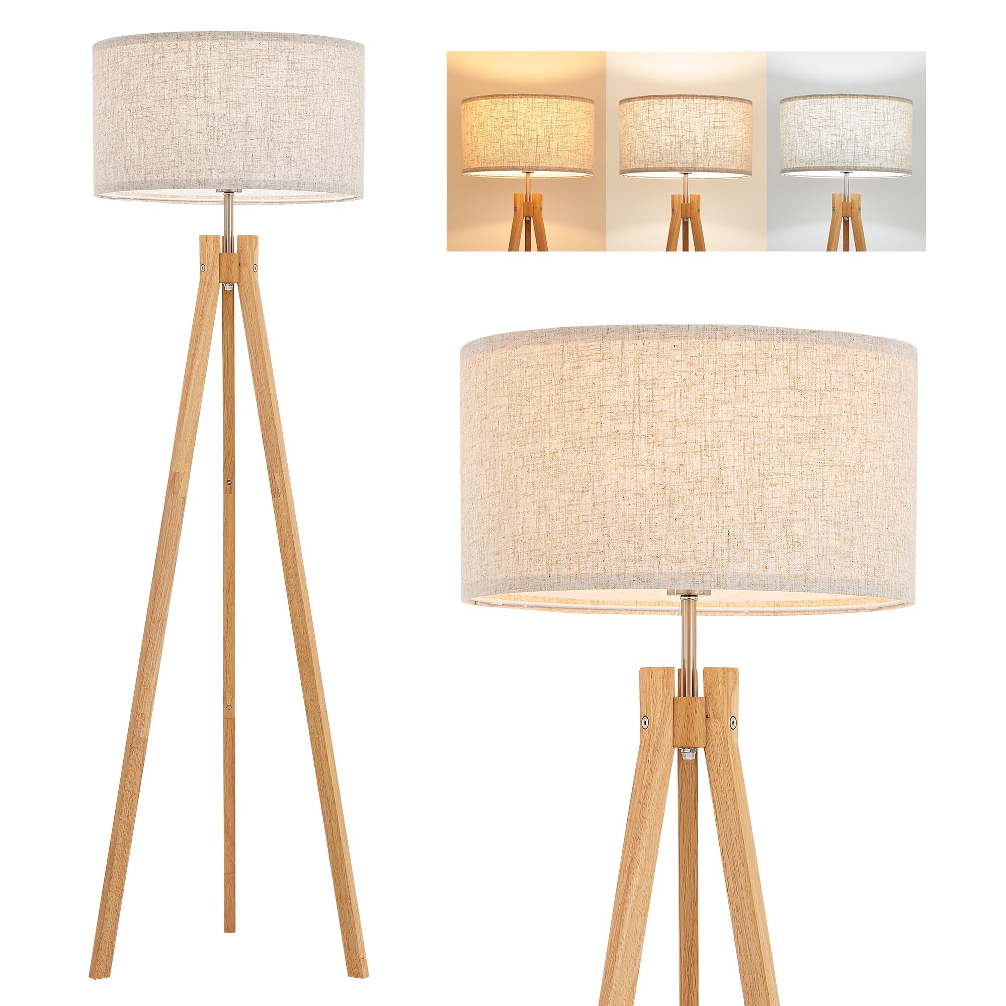 ELYONA Nordic Wood Tripod Floor Lamp in a living room scene shows stylish, safe illumination.