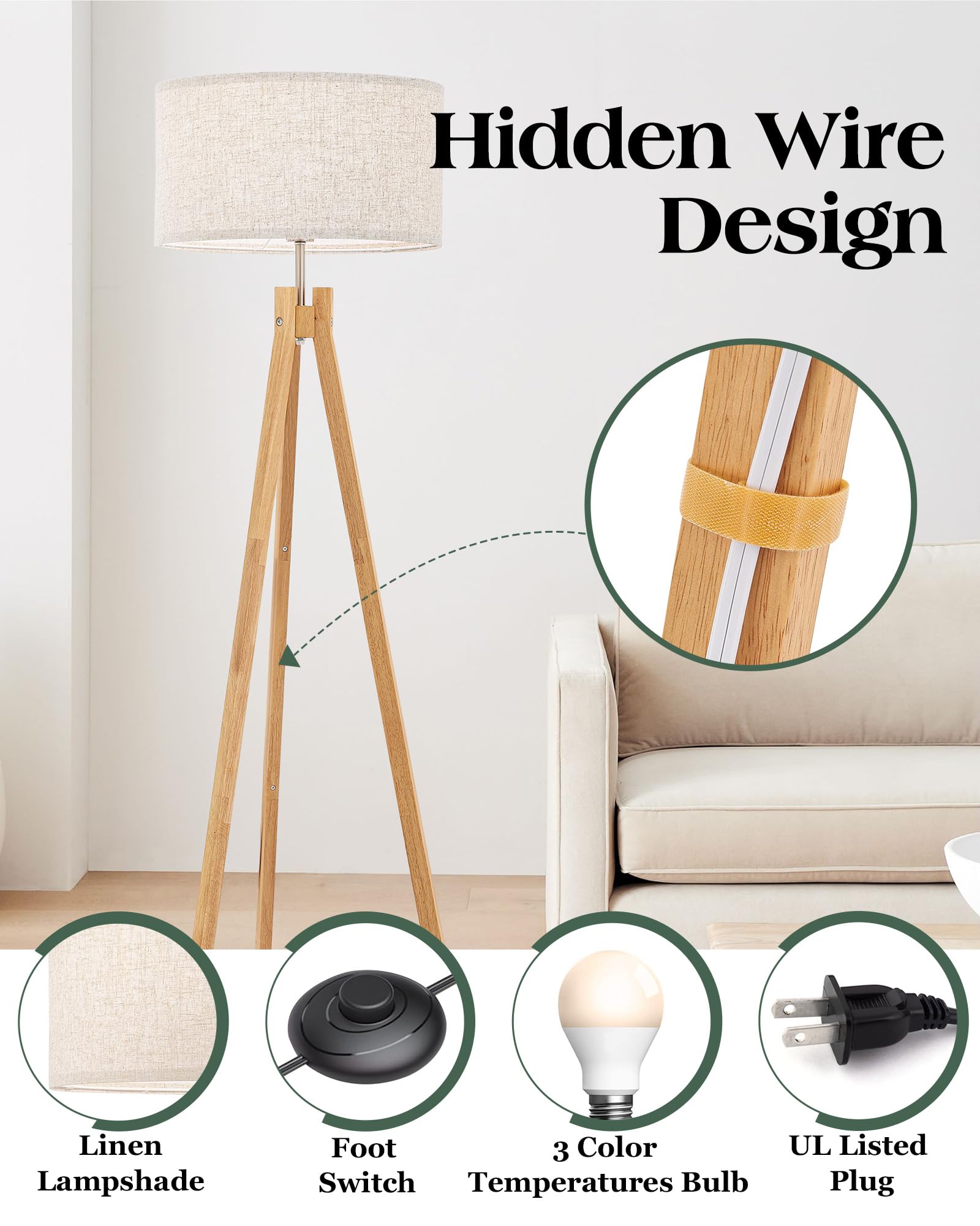ELYONA Nordic Wood Tripod Floor Lamp shade flaxen highlights warm, cozy lighting in any room.