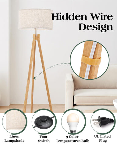 ELYONA Nordic Wood Tripod Floor Lamp shade flaxen highlights warm, cozy lighting in any room.