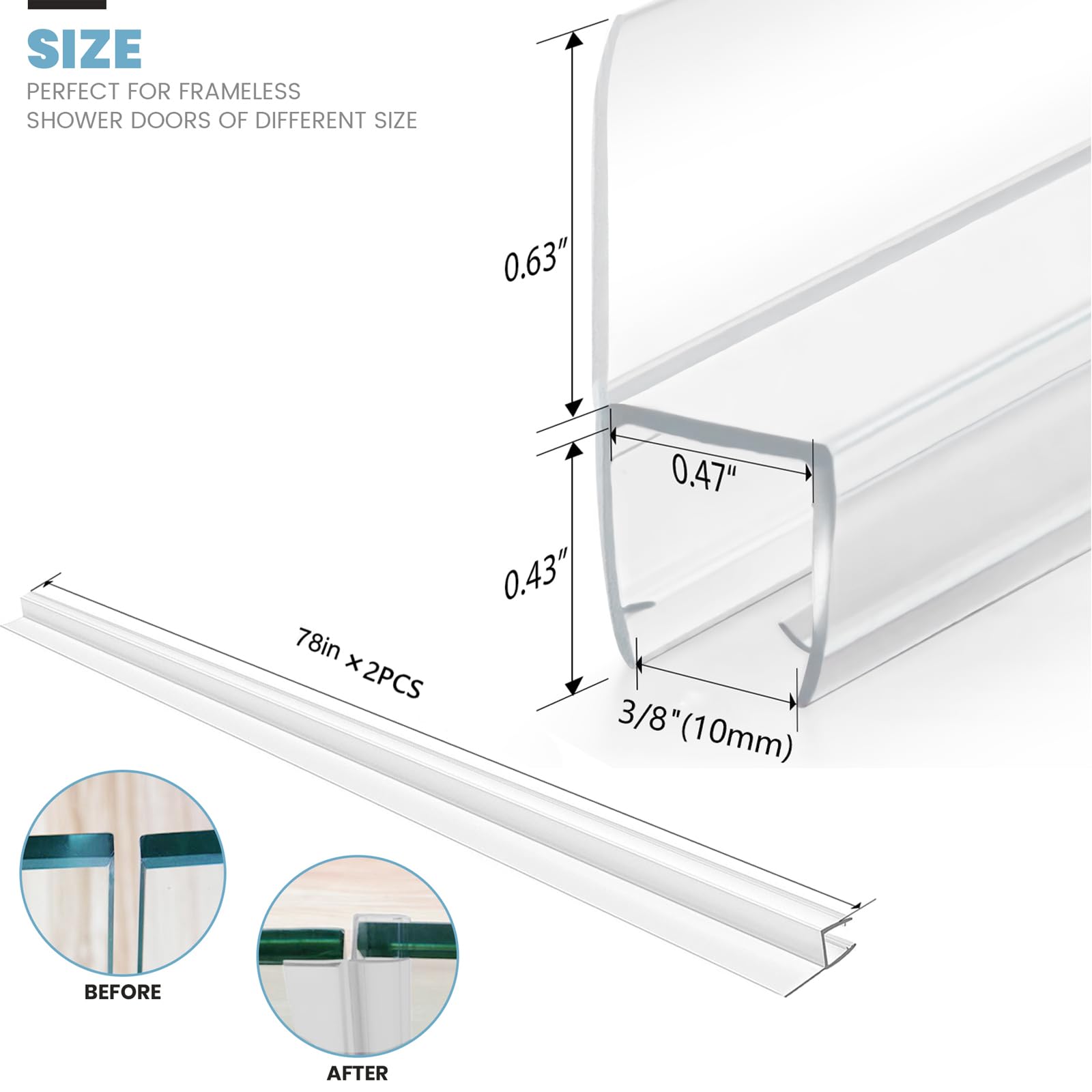 ELYXIAN shower door seal cut-to-length illustration for 3/8 inch glass