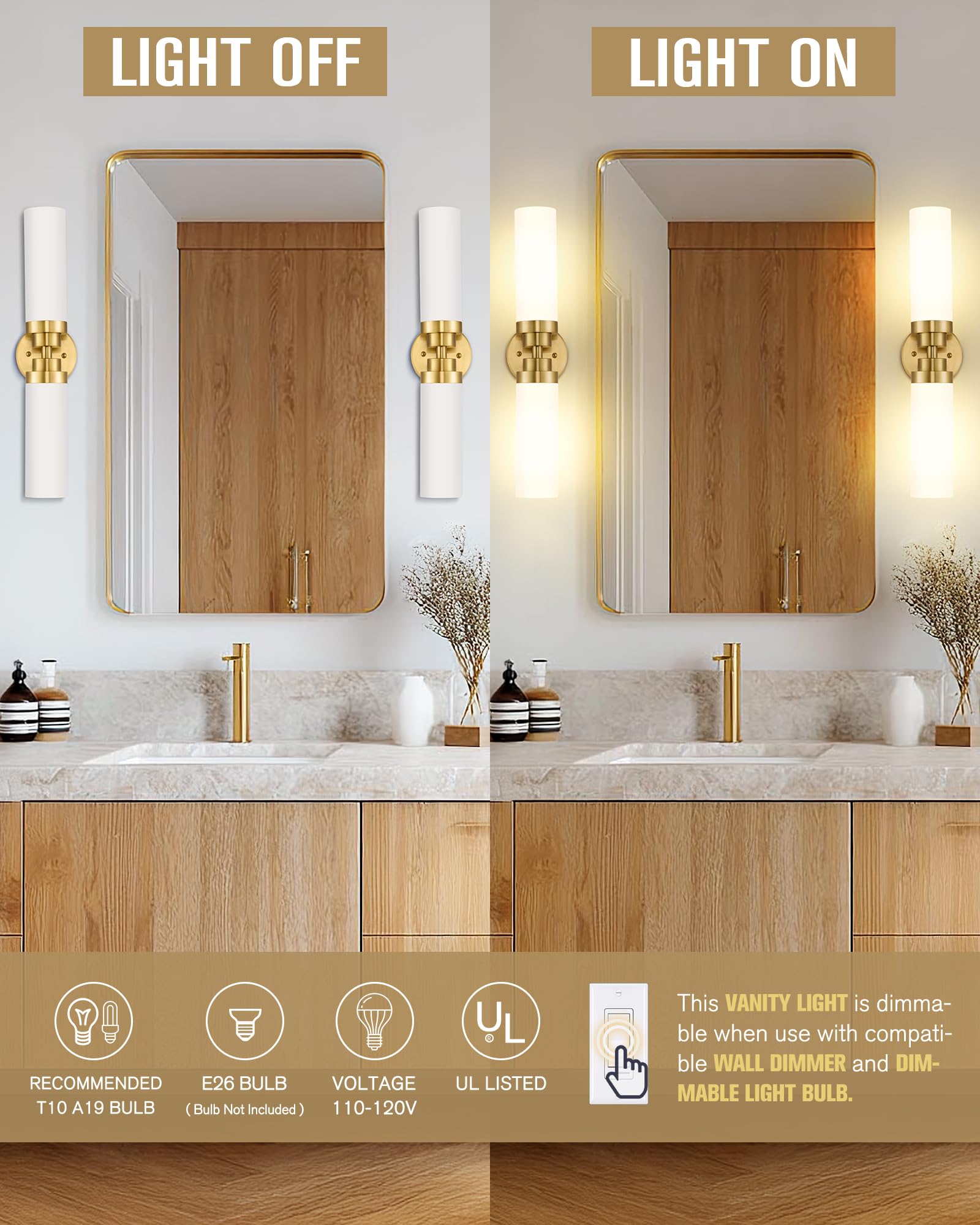 Emak vanity light bar with brushed gold finish and milk glass shade diffuses light softly