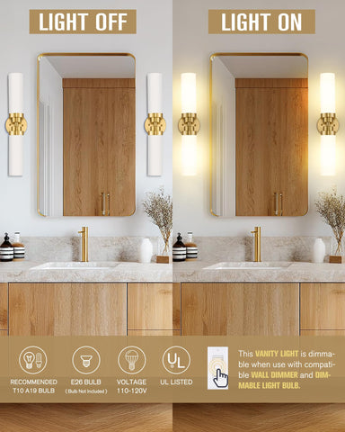 Emak vanity light bar with brushed gold finish and milk glass shade diffuses light softly