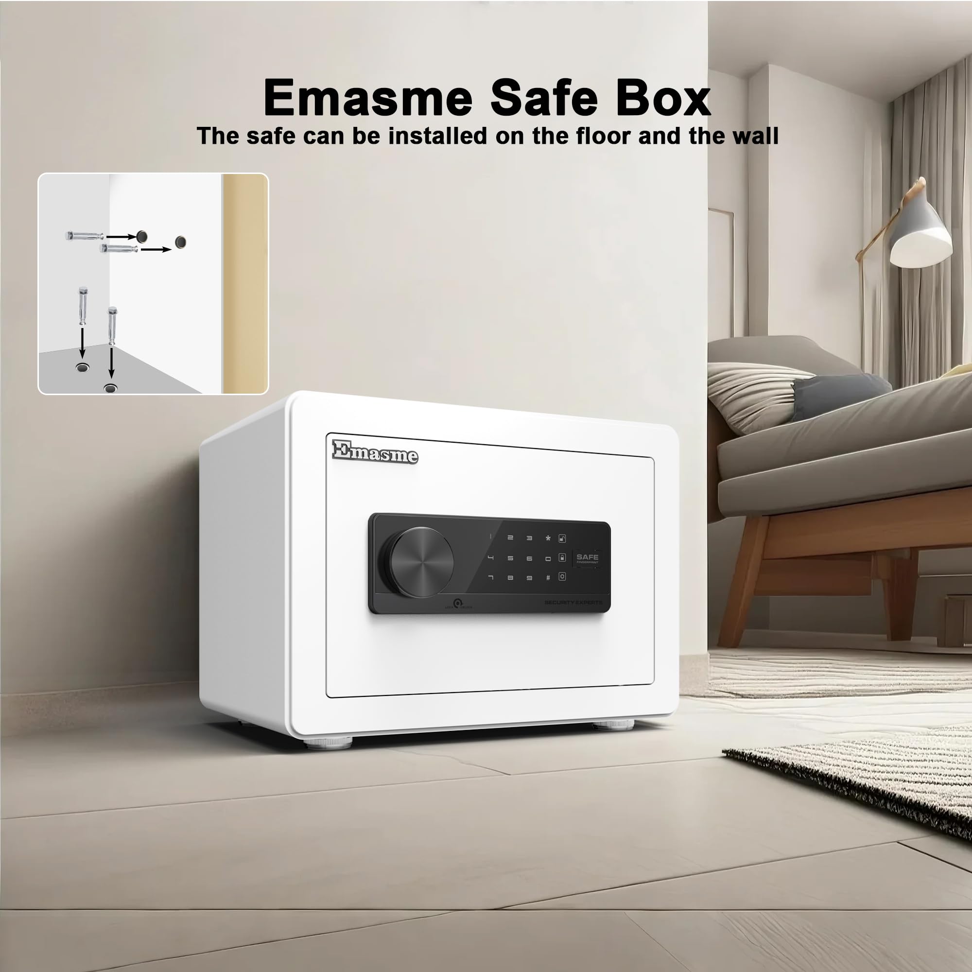 Compact Emasme safe fits discreetly in wardrobe or nightstand
