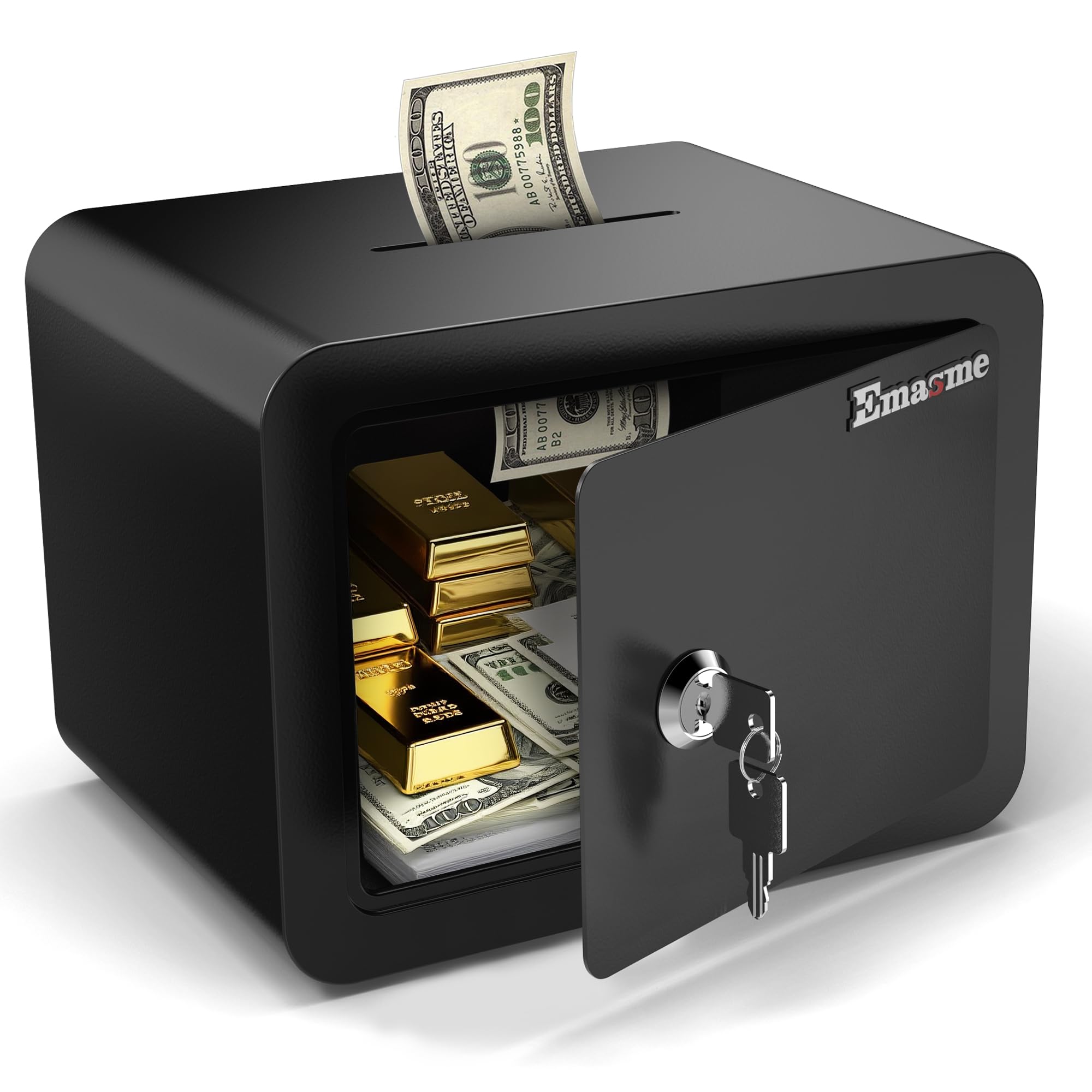 Emasme small safe with key slot deposit for quick access to valuables.