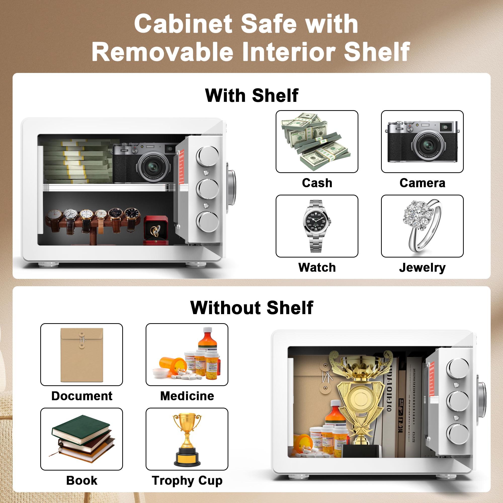 Removable shelf inside Emasme safe for organized valuables
