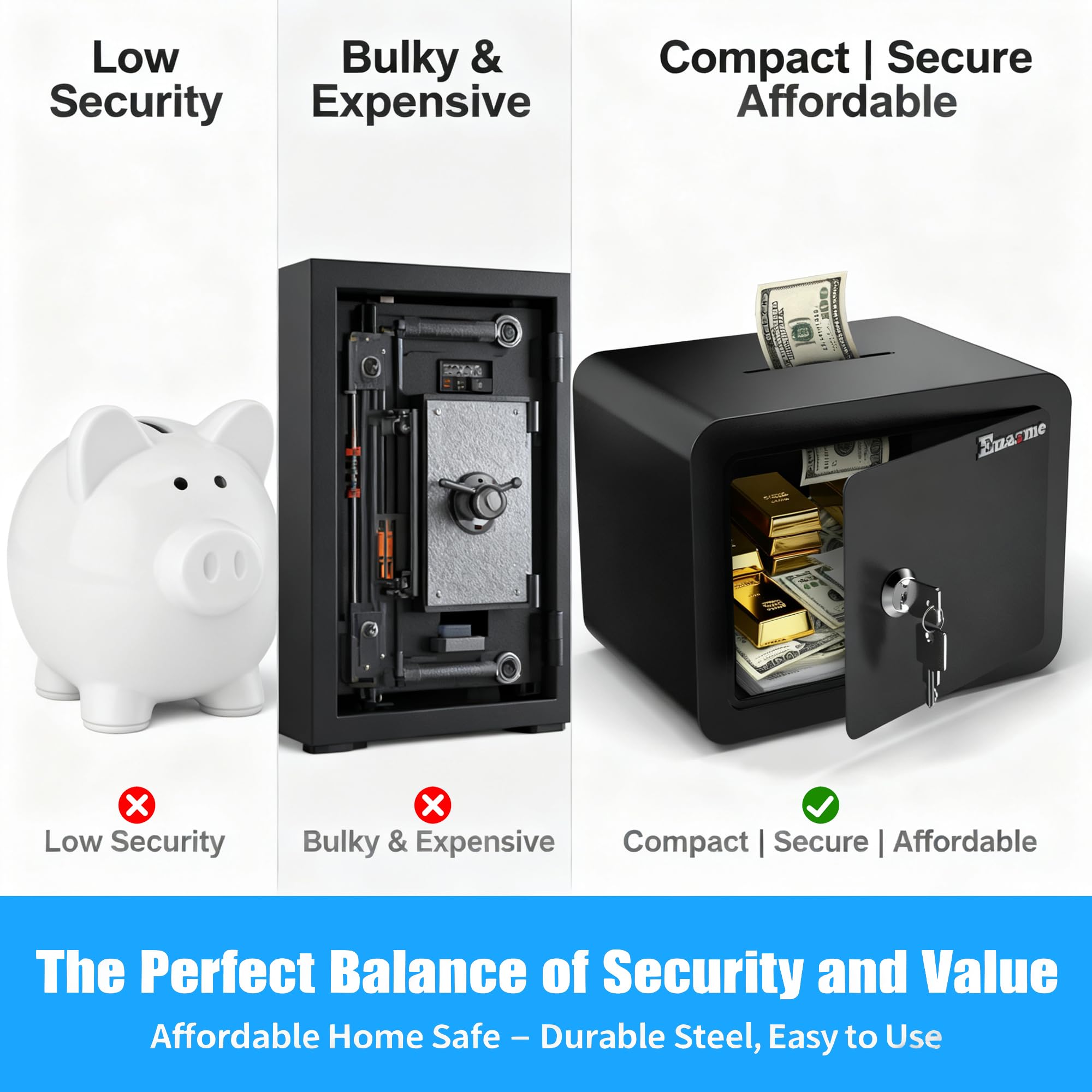 Emasme travel-luggage-ready safe fits cars, trains, and hotel rooms.