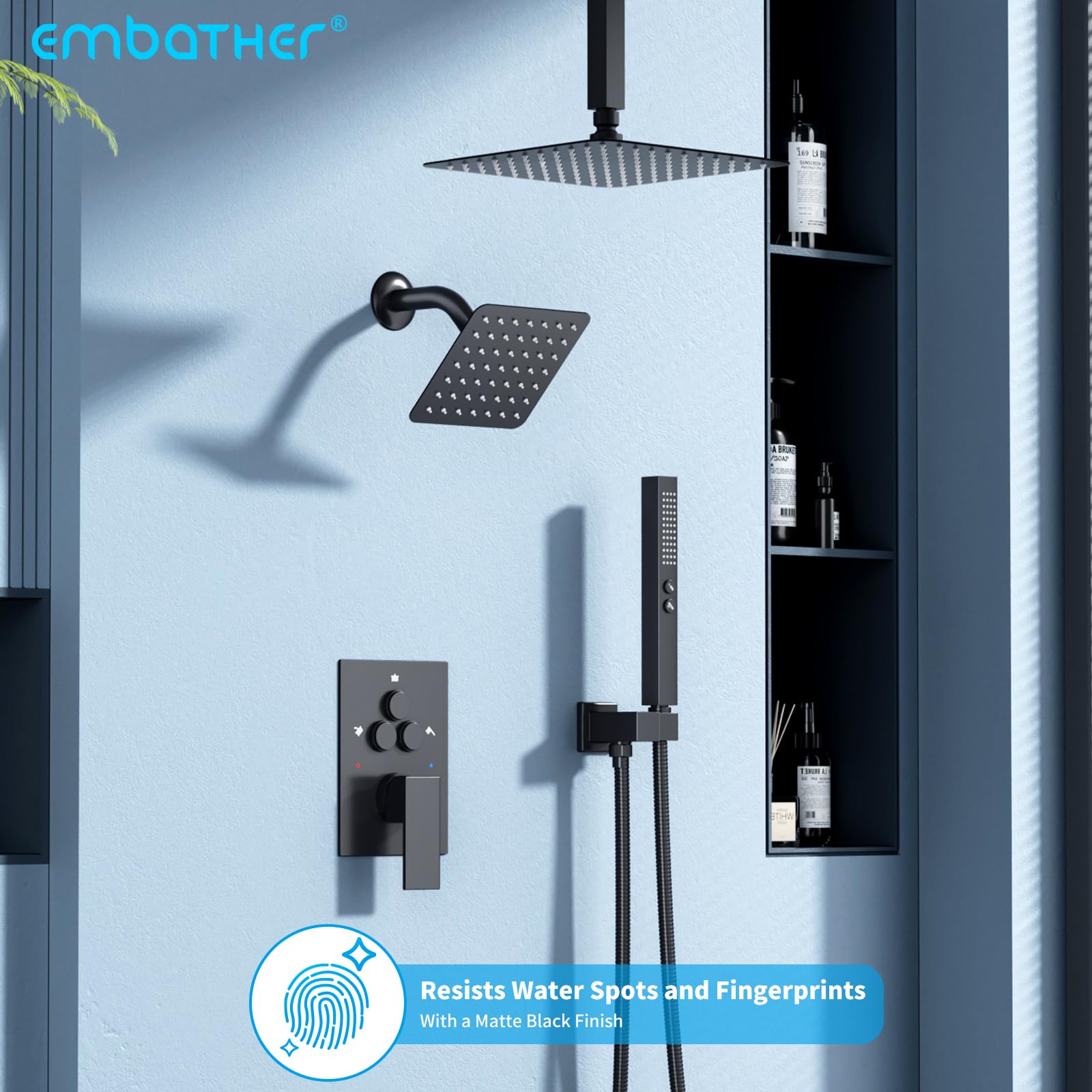EMBATHER 10-inch rainfall ceiling head for immersive coverage.