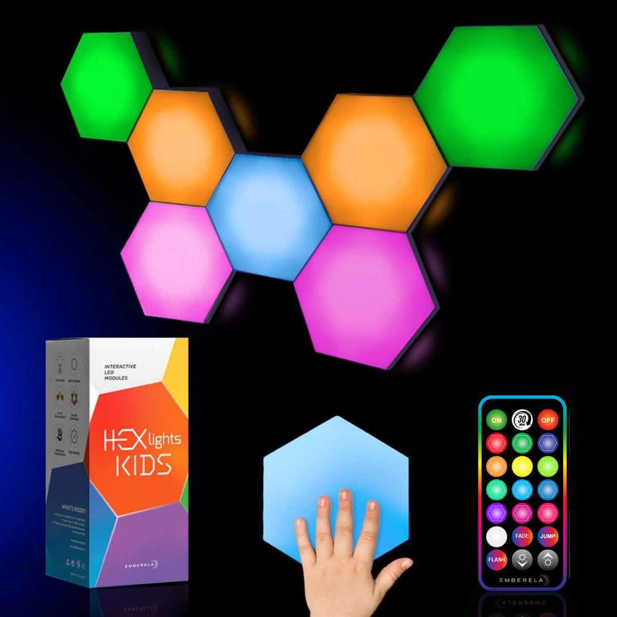 Emberela HEXlights 7pack collection shown in varied hexagon shapes for sensory play