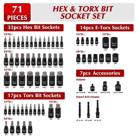 EMENTOL hex and torx sockets in multiple sizes for SAE and metric work.